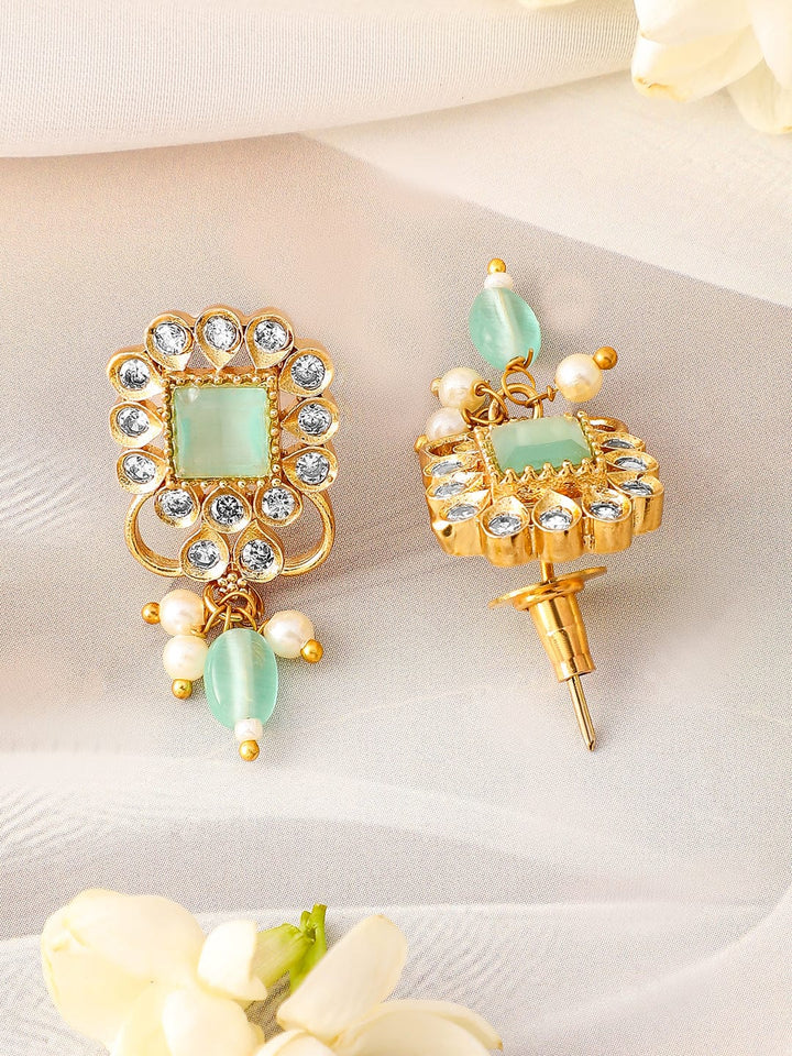 Rubans 22K Gold Plated Aqua Green & Cubic Zirconia Choker Set with Green & Pearl Beads Jewellery Set