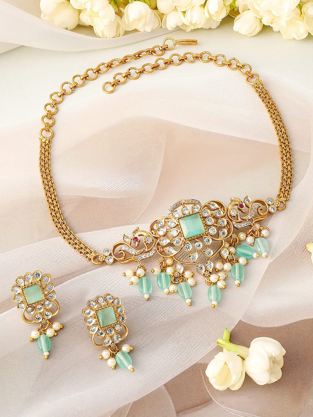 Rubans 22K Gold Plated Aqua Green & Cubic Zirconia Choker Set with Green & Pearl Beads Jewellery Set