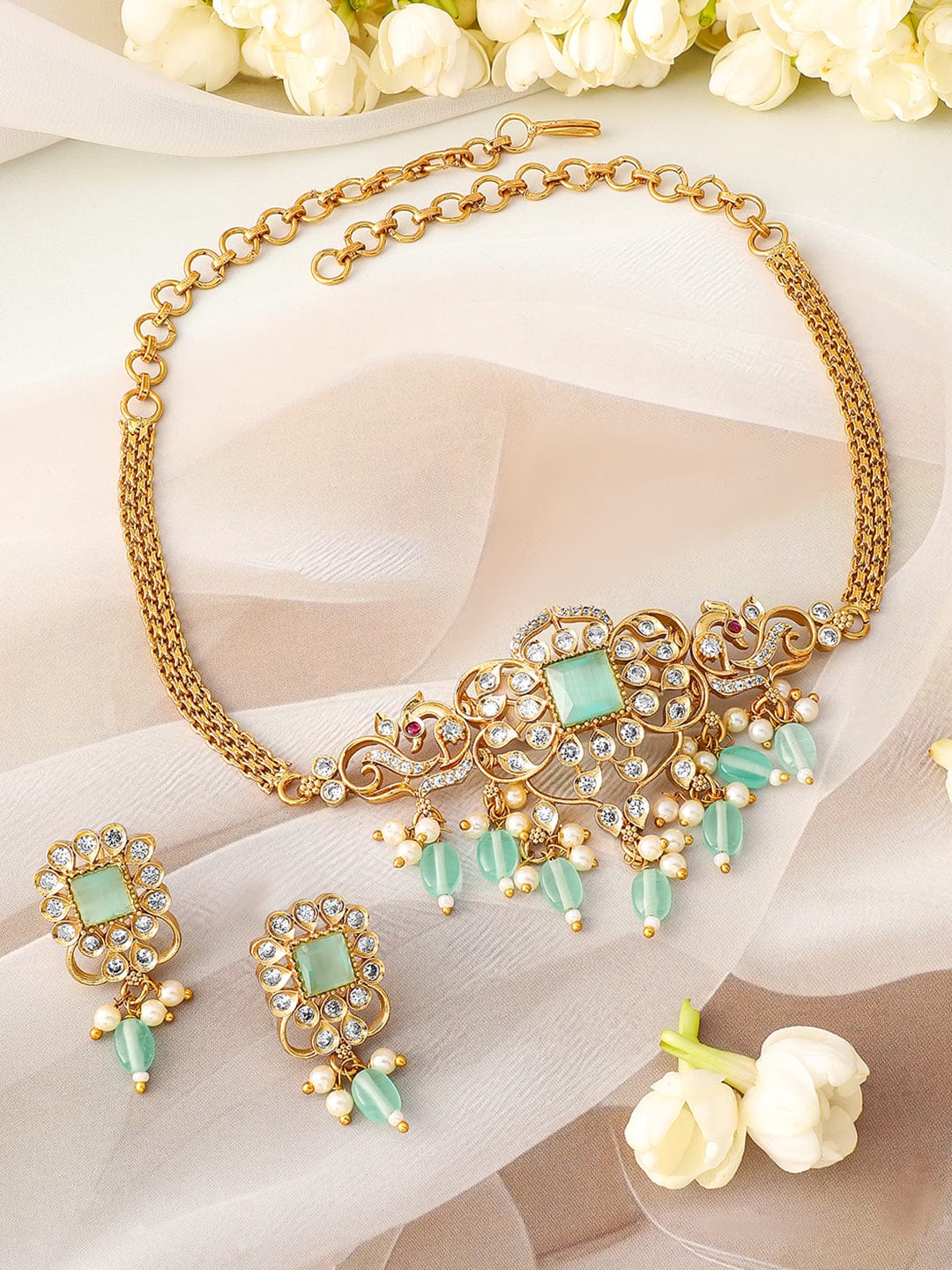 Rubans 22K Gold Plated Aqua Green & Cubic Zirconia Choker Set with Green & Pearl Beads Jewellery Set
