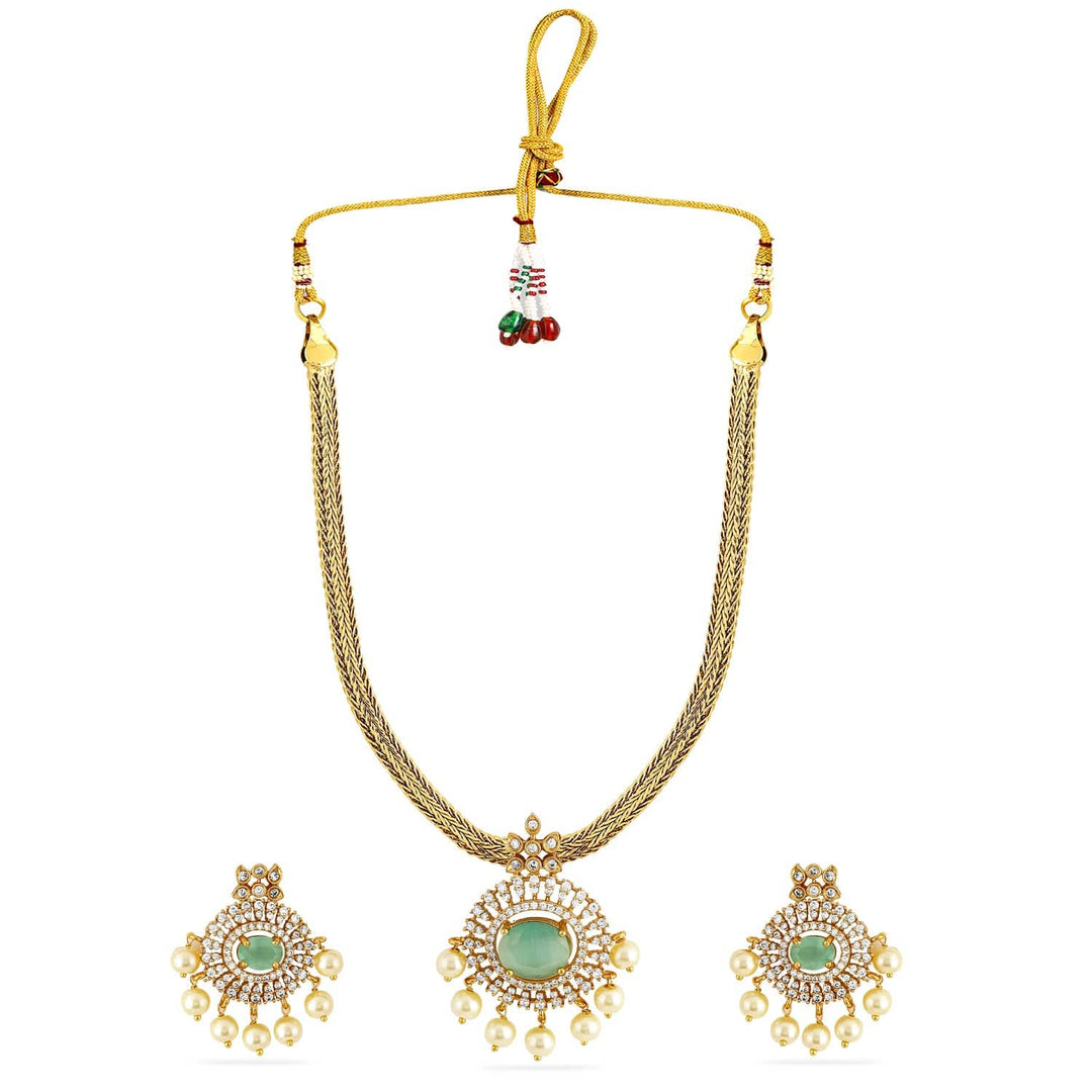 Rubans 22K Gold-Plated Aqua Green & CubicZirconia Traditional Necklace Set with Pearl Drop Choker set