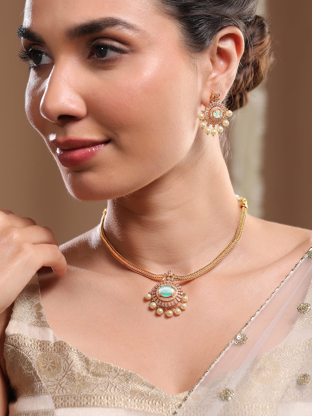 Rubans 22K Gold-Plated Aqua Green & CubicZirconia Traditional Necklace Set with Pearl Drop Choker set