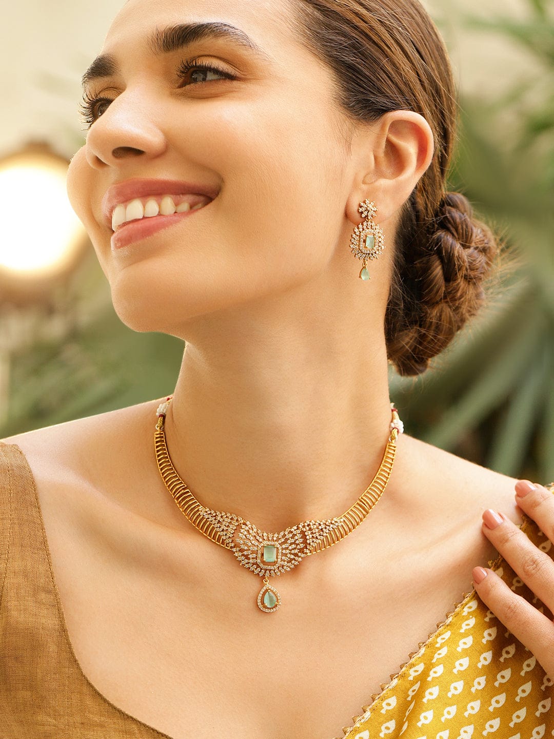 Rubans 22K Gold-Plated Aqua Green Stone & Cubic Zirconia Studded Jewellery Set for Women Jewellery Set