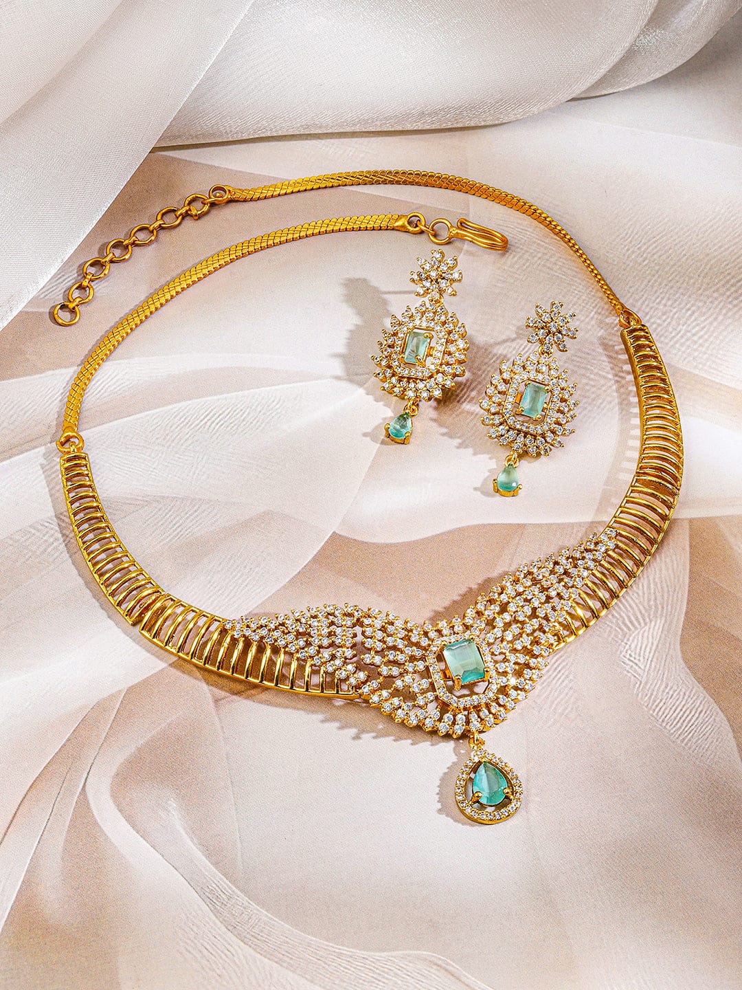 Rubans 22K Gold-Plated Aqua Green Stone & Cubic Zirconia Studded Jewellery Set for Women Jewellery Set