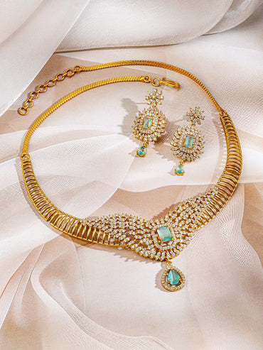 Rubans 22K Gold-Plated Aqua Green Stone & Cubic Zirconia Studded Jewellery Set for Women Jewellery Set