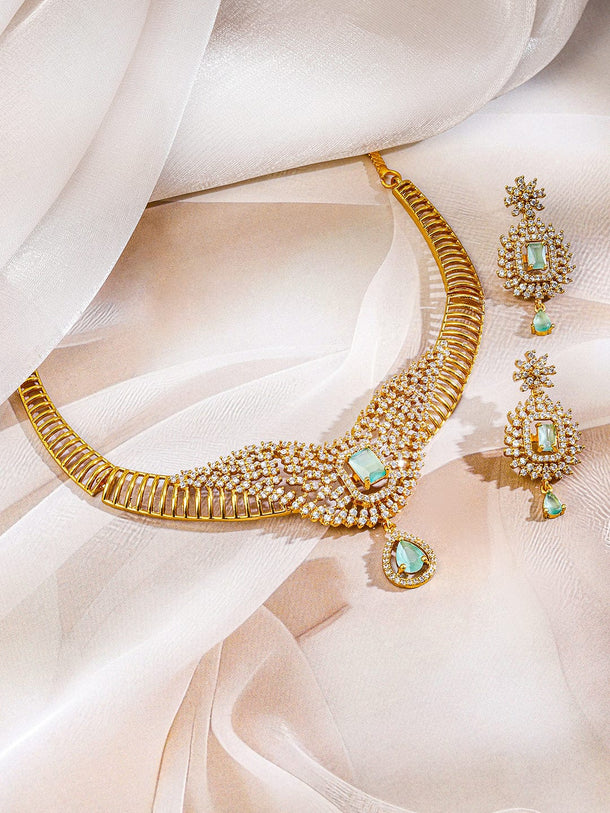 Rubans 22K Gold-Plated Aqua Green Stone & Cubic Zirconia Studded Jewellery Set for Women Jewellery Sets