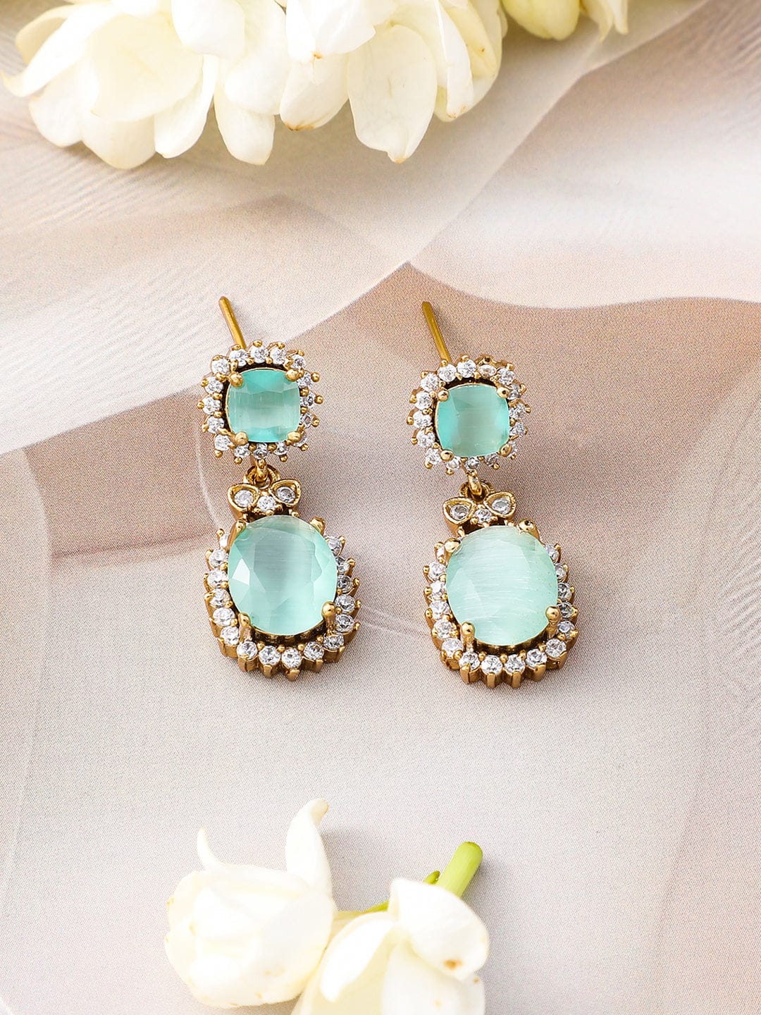 Rubans 22K Gold-Plated Aqua Green Stone & Cubic Zirconia Studded Necklace Set with Earrings Jewellery Set