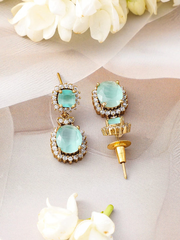 Rubans 22K Gold-Plated Aqua Green Stone & Cubic Zirconia Studded Necklace Set with Earrings Jewellery Set