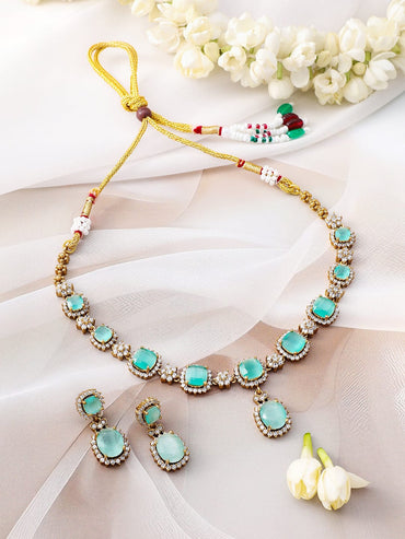 Rubans 22K Gold-Plated Aqua Green Stone & Cubic Zirconia Studded Necklace Set with Earrings Jewellery Set