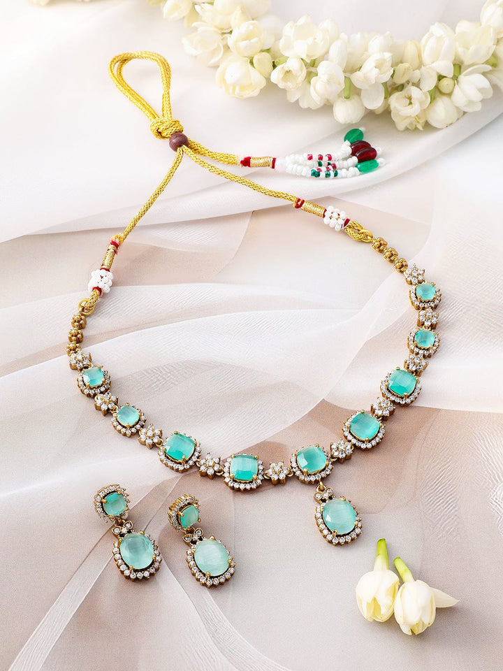 Rubans 22K Gold-Plated Aqua Green Stone & Cubic Zirconia Studded Necklace Set with Earrings Jewellery Set