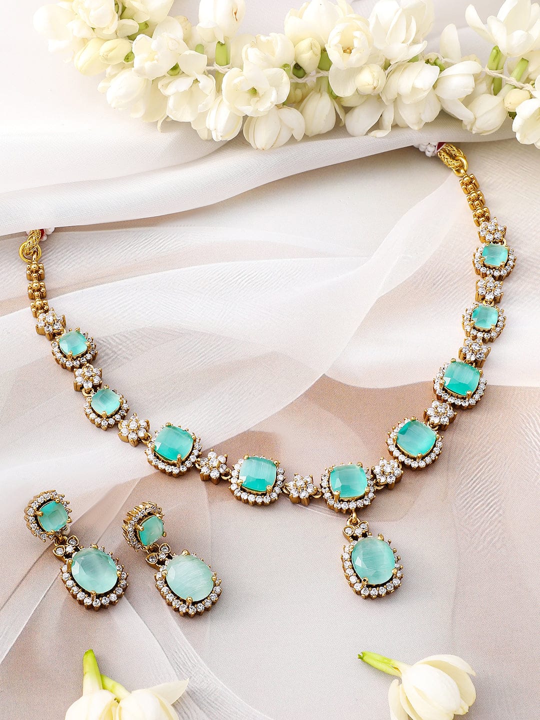 Rubans 22K Gold-Plated Aqua Green Stone & Cubic Zirconia Studded Necklace Set with Earrings Jewellery Set