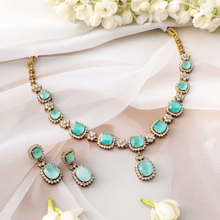 Rubans 22K Gold-Plated Aqua Green Stone & Cubic Zirconia Studded Necklace Set with Earrings Jewellery Sets