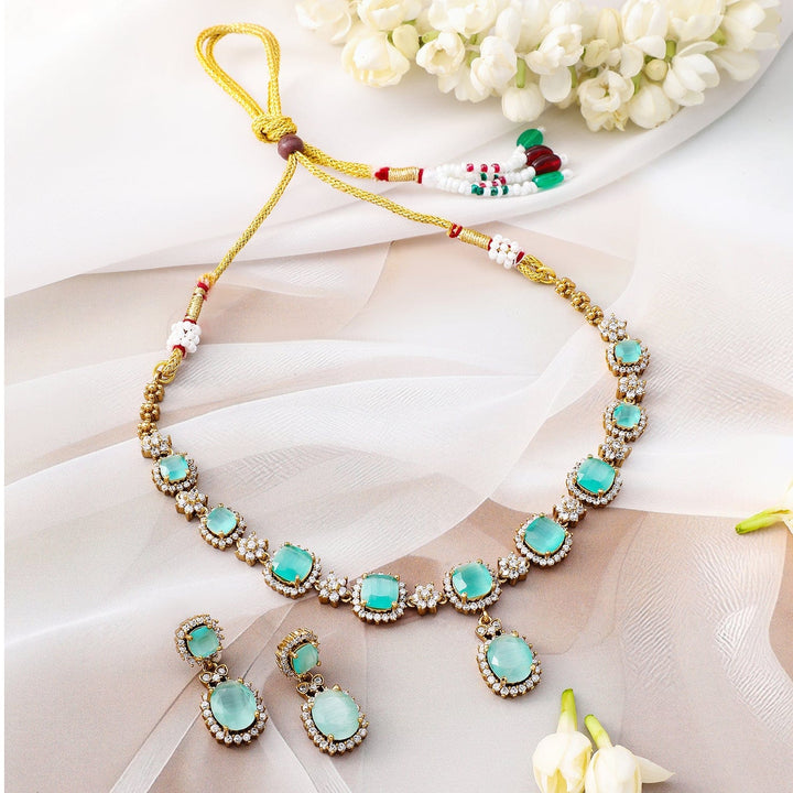 Rubans 22K Gold-Plated Aqua Green Stone & Cubic Zirconia Studded Necklace Set with Earrings Jewellery Sets