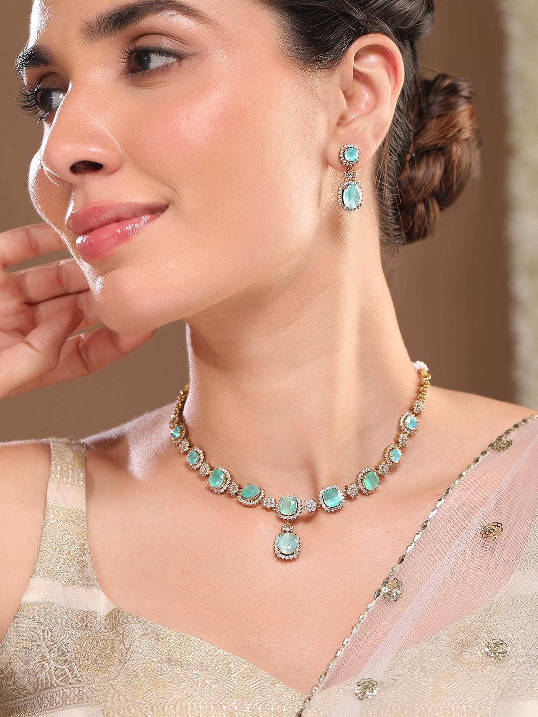 Rubans 22K Gold-Plated Aqua Green Stone & Cubic Zirconia Studded Necklace Set with Earrings Jewellery Sets