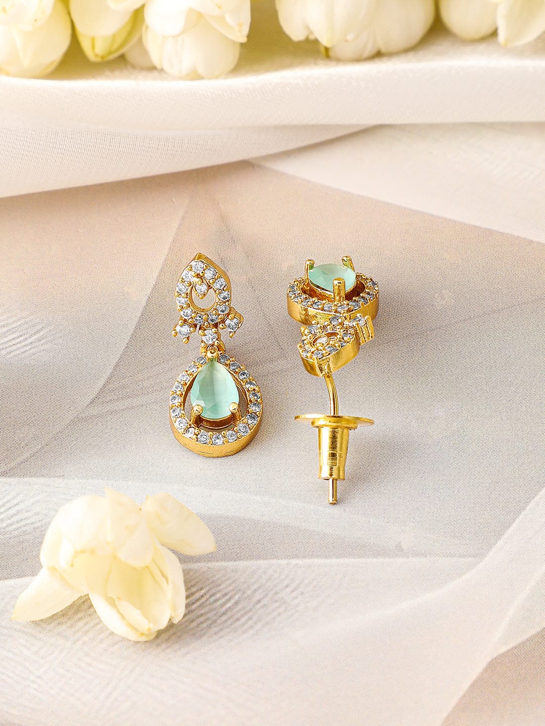 Rubans 22K Gold-Plated Aqua Green Stone & Cubic Zirconia Studded Traditional Necklace Set Jewellery Set