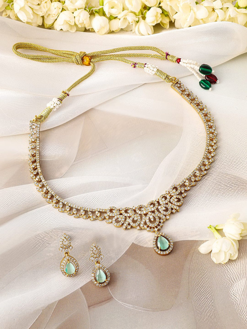 Rubans 22K Gold-Plated Aqua Green Stone & Cubic Zirconia Studded Traditional Necklace Set Jewellery Set
