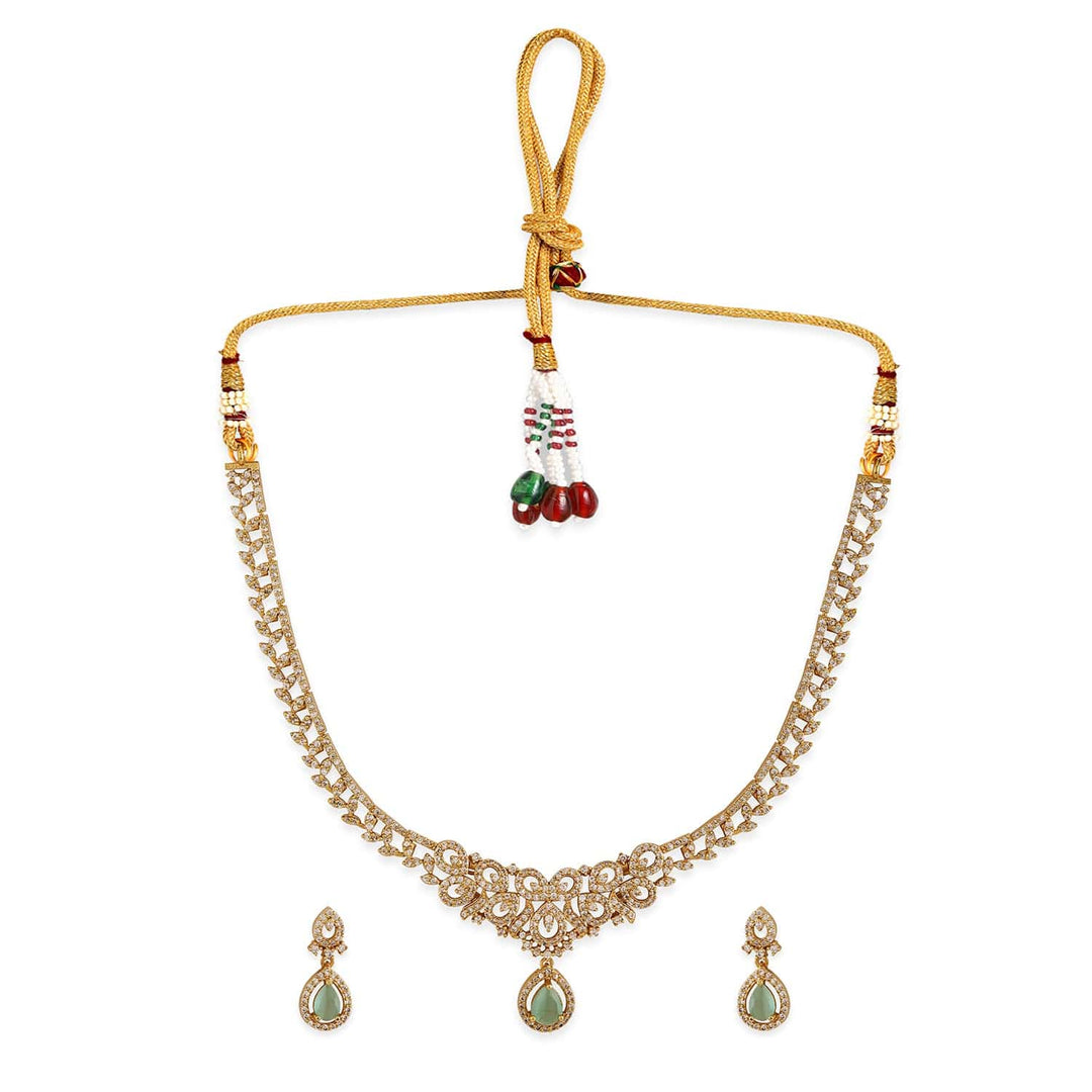 Rubans 22K Gold-Plated Aqua Green Stone & Cubic Zirconia Studded Traditional Necklace Set Necklace Sets