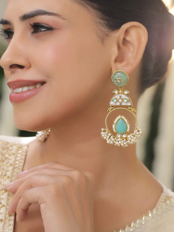 Rubans 22K Gold-Plated Aqua Green Stone & Pearl Beaded Enamel Detailed Statement Earrings Earrings