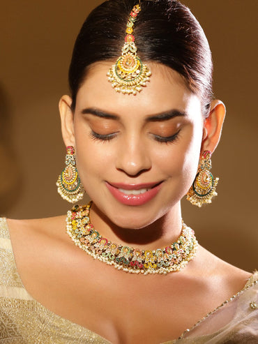 Rubans 22K Gold Plated Artificial Stones Studded & Beaded Jewellery Set Jewellery Set