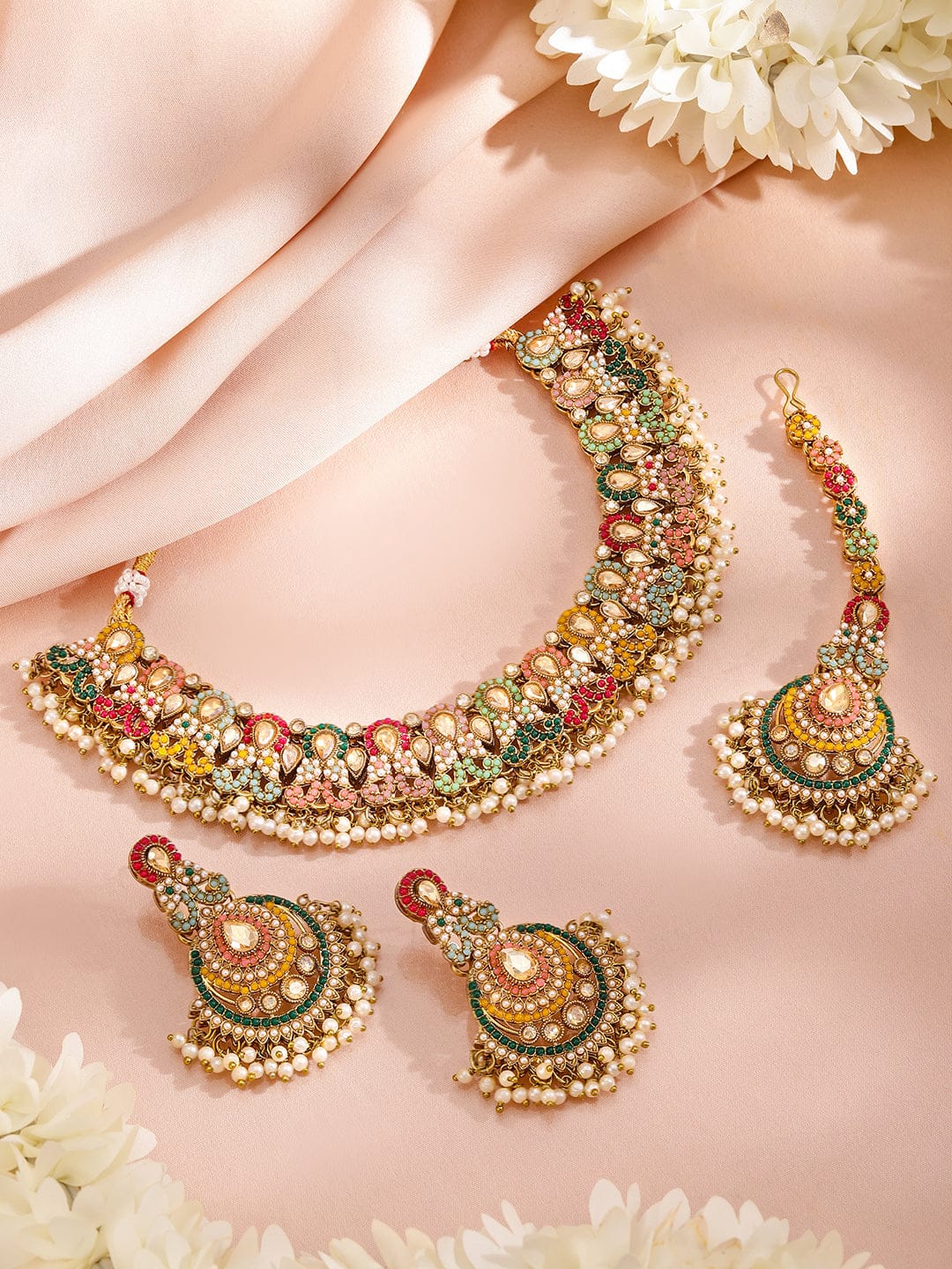 Rubans 22K Gold Plated Artificial Stones Studded & Beaded Jewellery Set Jewellery Set