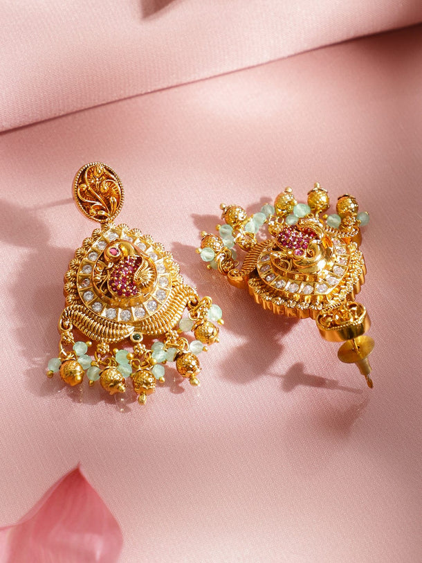 Rubans 22K Gold-Plated Bird Motif Statement Necklace Set with Pink & Green Beads, Handcrafted Brass Jewellery Set Jewellery Set