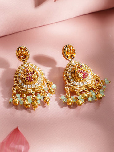 Rubans 22K Gold-Plated Bird Motif Statement Necklace Set with Pink & Green Beads, Handcrafted Brass Jewellery Set Jewellery Set