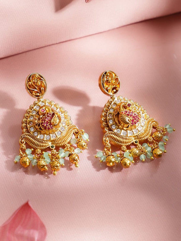 Rubans 22K Gold-Plated Bird Motif Statement Necklace Set with Pink & Green Beads, Handcrafted Brass Jewellery Set Jewellery Set