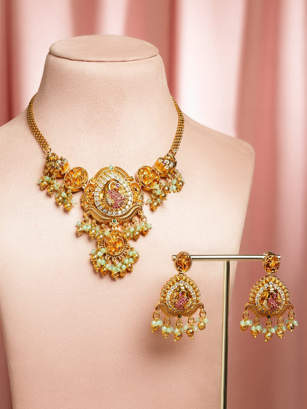 Rubans 22K Gold-Plated Bird Motif Statement Necklace Set with Pink & Green Beads, Handcrafted Brass Jewellery Set Jewellery Set