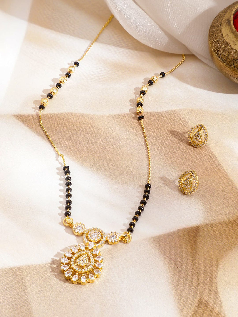 Rubans 22K Gold-Plated Black Beaded Mangalsutra Set with Cubic Zirconia Pendant & Earrings Mangalsutra