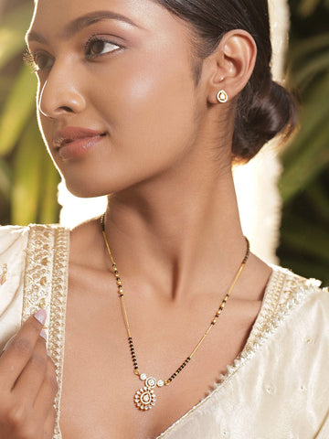 Rubans 22K Gold-Plated Black Beaded Mangalsutra Set with Cubic Zirconia Pendant & Earrings Mangalsutra