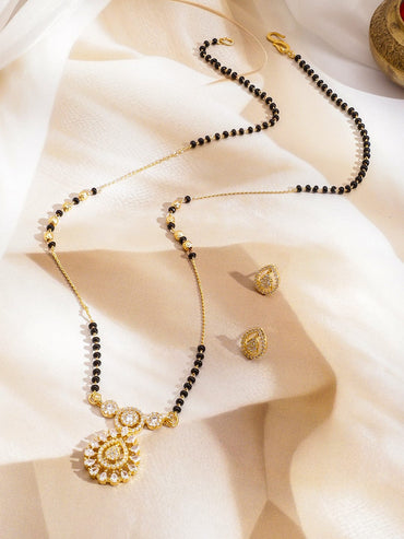 Rubans 22K Gold-Plated Black Beaded Mangalsutra Set with Cubic Zirconia Pendant & Earrings Mangalsutra
