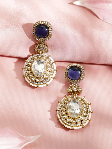 Rubans 22K Gold-Plated Blue Sapphire, CZ & White Kundan with Pearls Studded Drop Earrings Drop Earrings