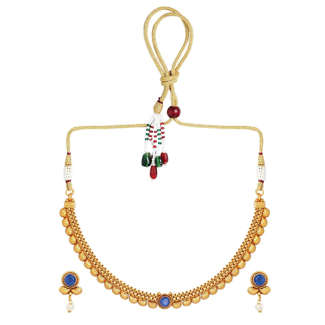 Rubans 22K Gold-Plated Blue Sapphire & Pearl Beaded Traditional Necklace Set Necklace Set