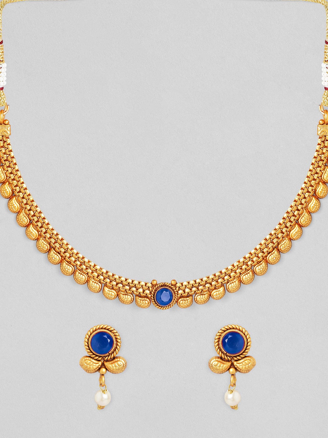 Rubans 22K Gold-Plated Blue Sapphire & Pearl Beaded Traditional Necklace Set Necklace Set