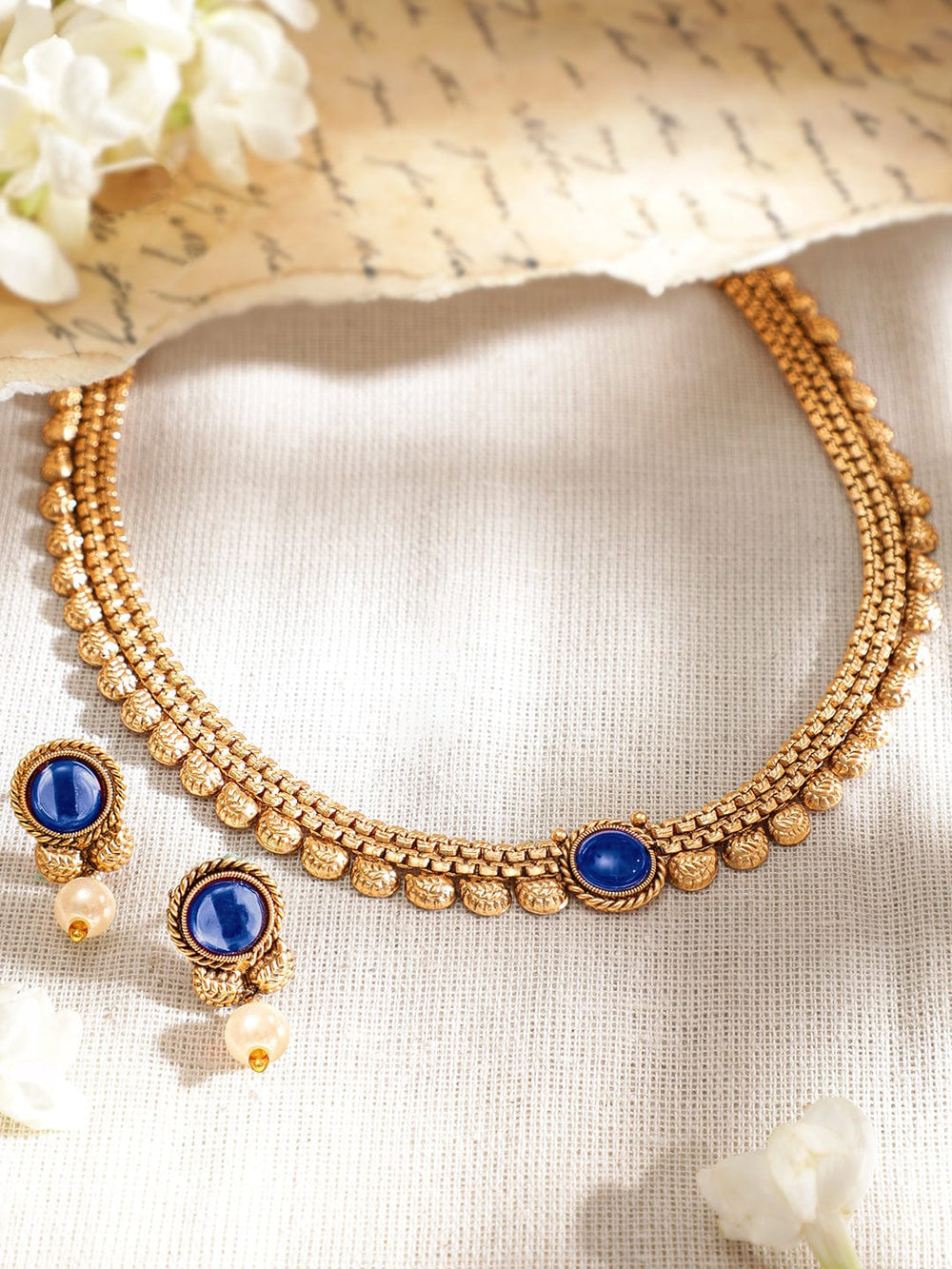 Rubans 22K Gold-Plated Blue Sapphire & Pearl Beaded Traditional Necklace Set Necklace Set