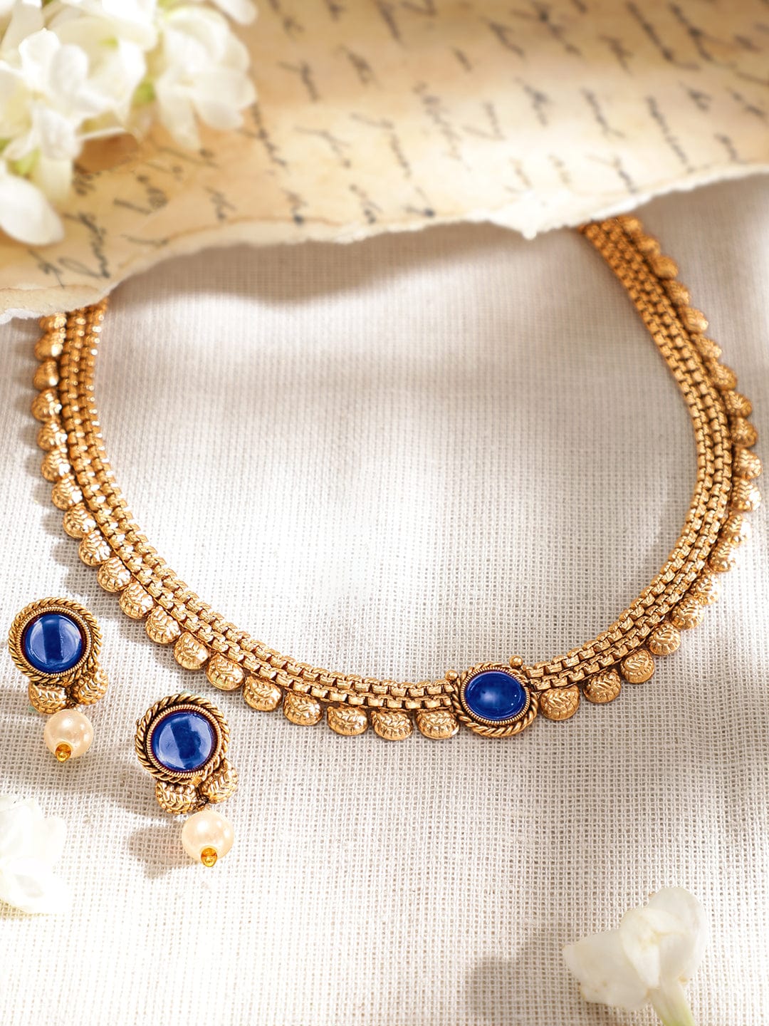 Rubans 22K Gold-Plated Blue Sapphire & Pearl Beaded Traditional Necklace Set Necklace Set