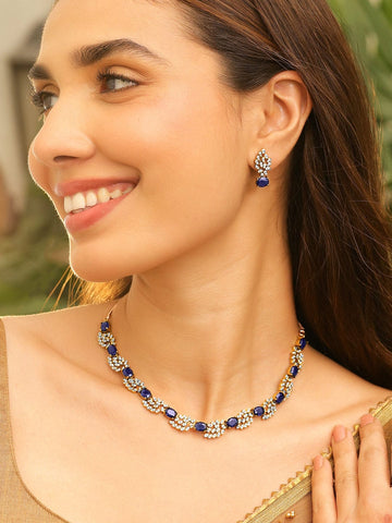 Rubans 22K Gold-Plated Blue Sapphire Stone & Cubic Zirconia Studded Jewellery Set for Women Jewellery Sets