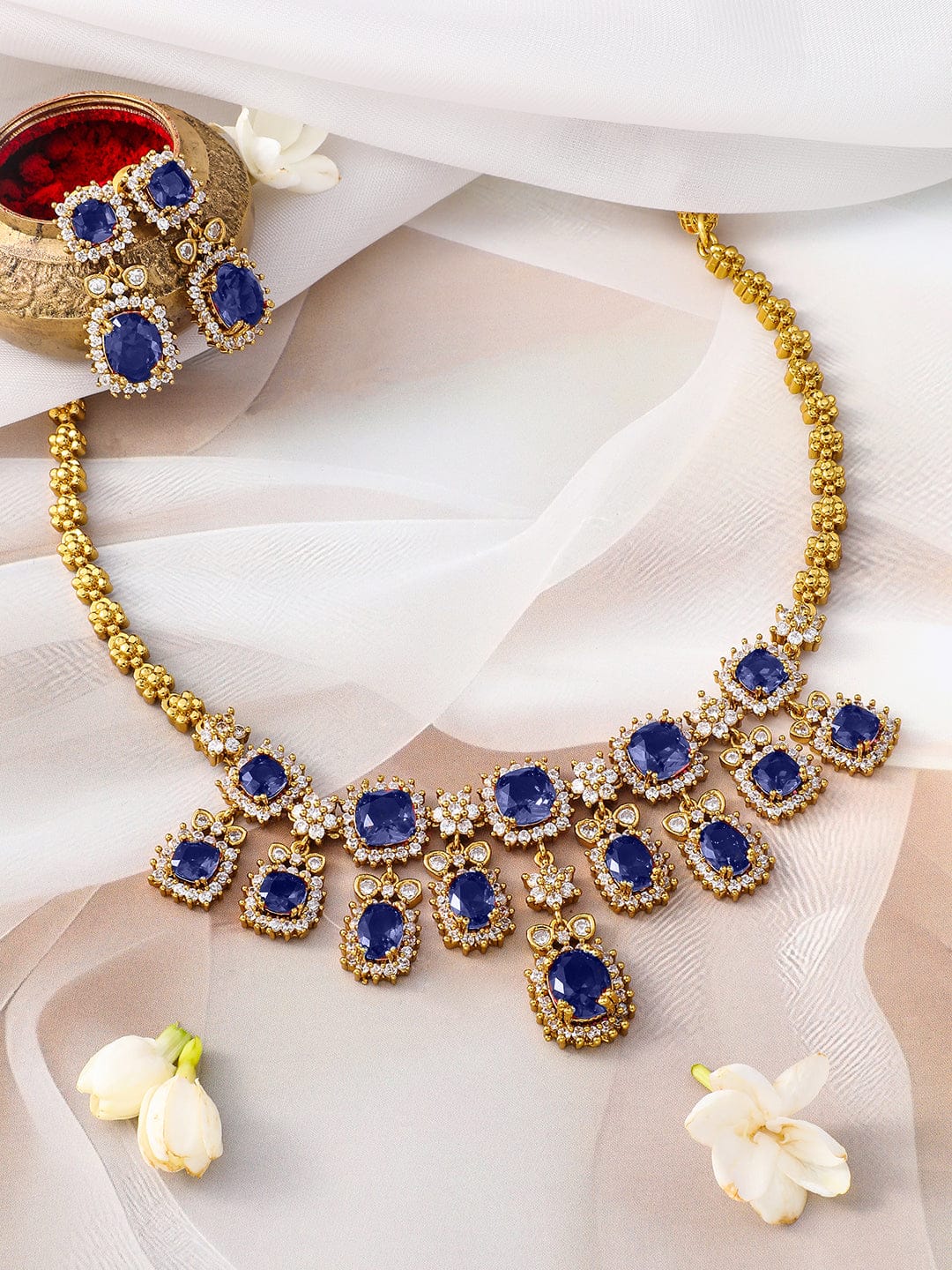 Rubans 22K Gold-Plated Blue Sapphire Stone & Sparkling Cubic Zirconia Studded Necklace Set Jewellery Set