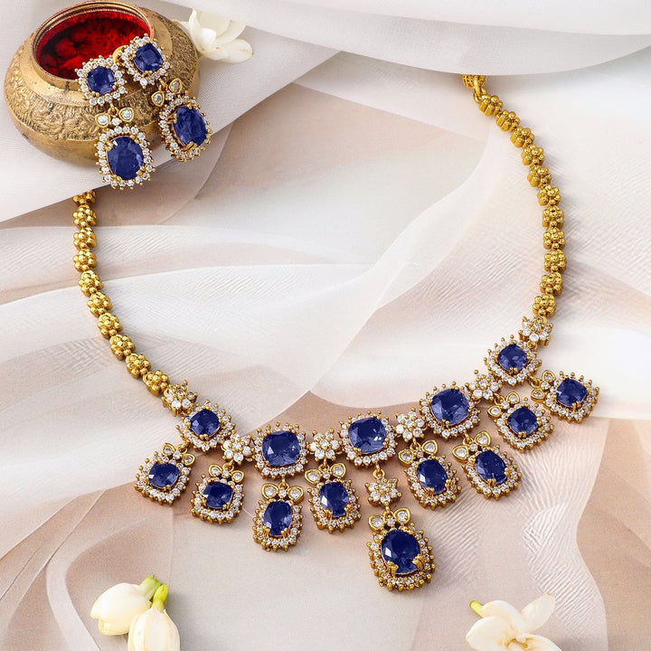 Rubans 22K Gold-Plated Blue Sapphire Stone & Sparkling Cubic Zirconia Studded Necklace Set Jewellery Set