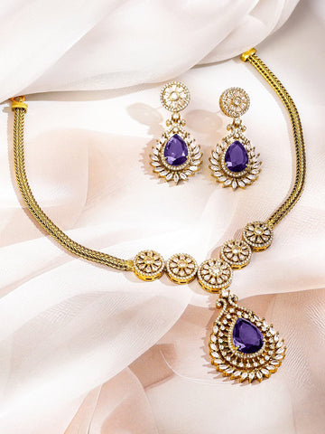 Rubans 22K Gold-Plated Blue Sapphire & White Cubic Zirconia Studded Floral Motif Necklace Set for Women Necklaces, Necklace Sets, Chains & Mangalsutra