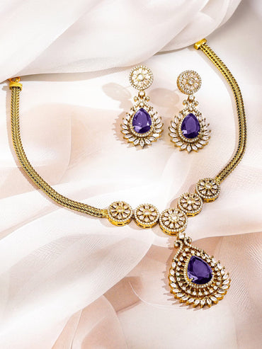 Rubans 22K Gold-Plated Blue Sapphire & White Cubic Zirconia Studded Floral Motif Necklace Set for Women Necklaces, Necklace Sets, Chains & Mangalsutra