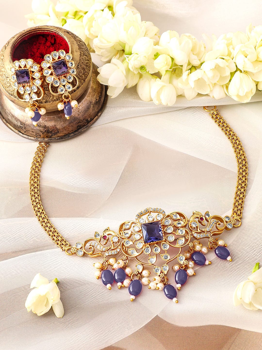 Rubans 22K Gold Plated Blue Stone & Cubic Zirconia Studded Blue & Pearl Beads Choker Set Choker set