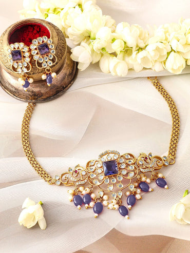 Rubans 22K Gold Plated Blue Stone & Cubic Zirconia Studded Blue & Pearl Beads Choker Set Choker set