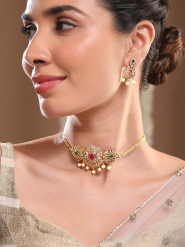 Rubans 22K Gold Plated Blue Stone & Cubic Zirconia Studded Blue & Pearl Beads Choker Set Choker set