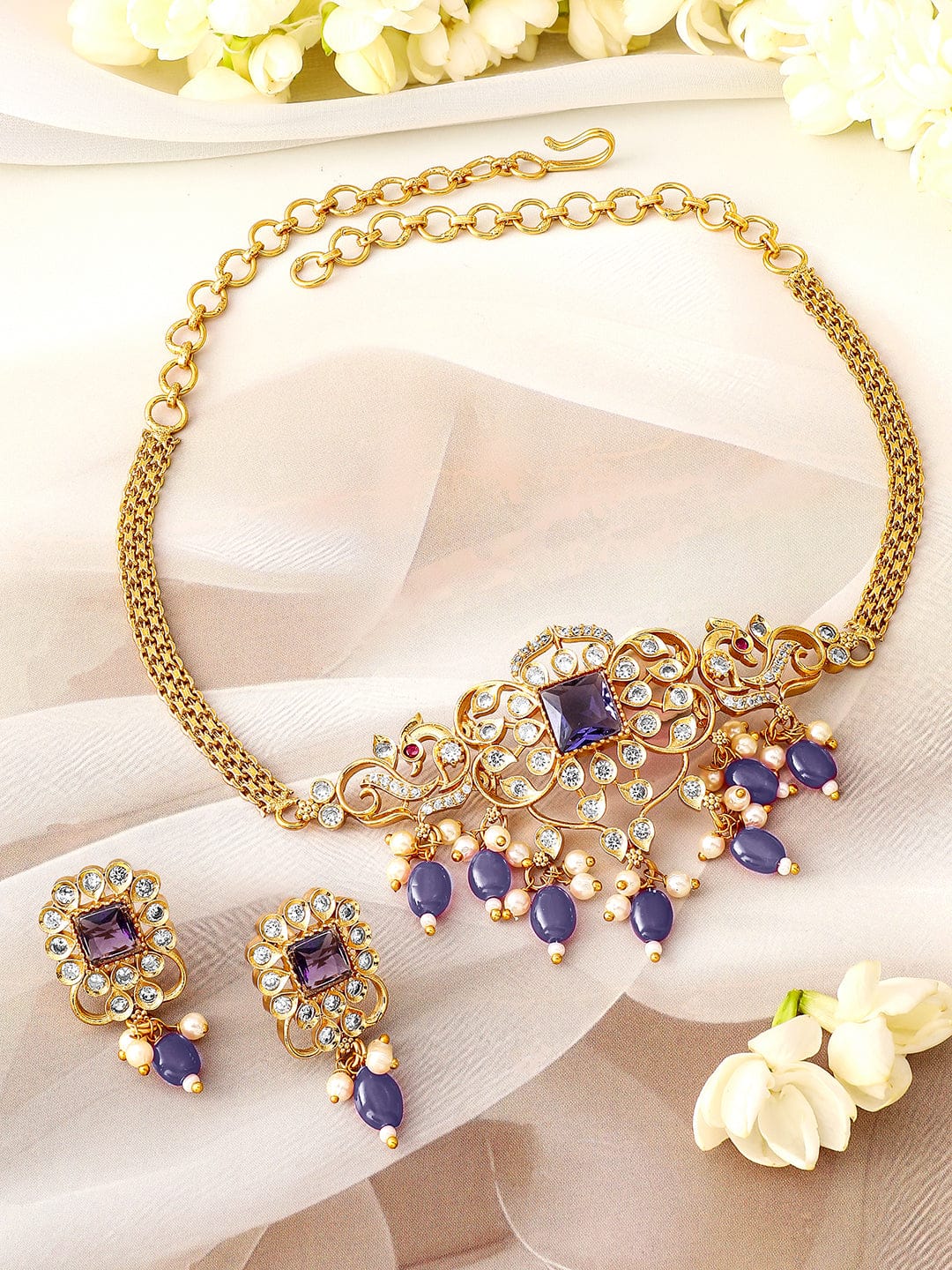 Rubans 22K Gold Plated Blue Stone & Cubic Zirconia Studded Blue & Pearl Beads Choker Set Jewellery Set
