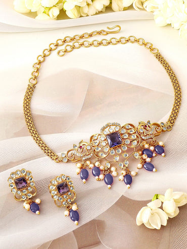 Rubans 22K Gold Plated Blue Stone & Cubic Zirconia Studded Blue & Pearl Beads Choker Set Jewellery Set