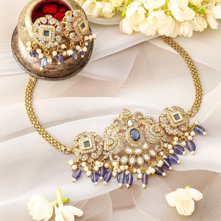 Rubans 22K Gold Plated Blue Stone & CubicZirconia Studed Choker Set with Blue & Pearl Bead Choker set