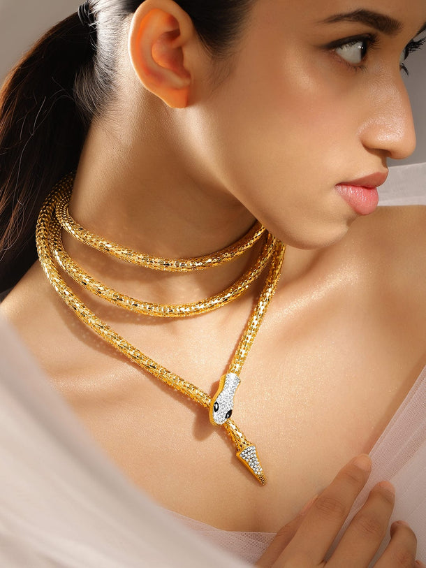 Rubans 22K Gold Plated Bold Snake Motif Layered Statement Necklace Demi Fine & Luxe Necklace and Chains