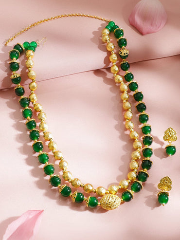 Rubans 22K Gold-Plated Brass Deep Green & Gold Beaded Double-Layer Handcrafted Necklace Set with Matching Earrings Jewellery Set