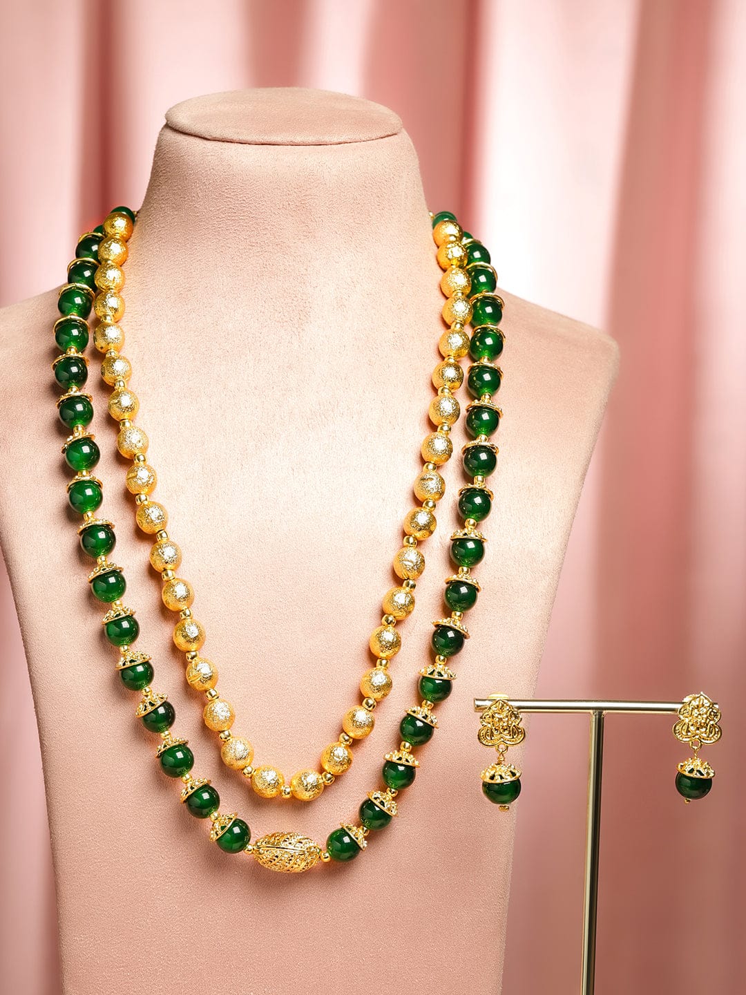 Rubans 22K Gold-Plated Brass Deep Green & Gold Beaded Double-Layer Handcrafted Necklace Set with Matching Earrings Jewellery Set