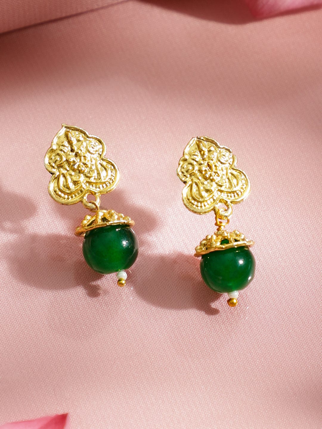 Rubans 22K Gold-Plated Brass Deep Green & Gold Beaded Double-Layer Handcrafted Necklace Set with Matching Earrings Jewellery Set